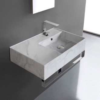Bathroom Sink Marble Design Ceramic Wall Mounted Sink With Counter Space, Towel Bar Included Scarabeo 5117-F-TB